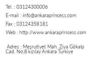 Ankara Princess Hotel iletiim bilgileri